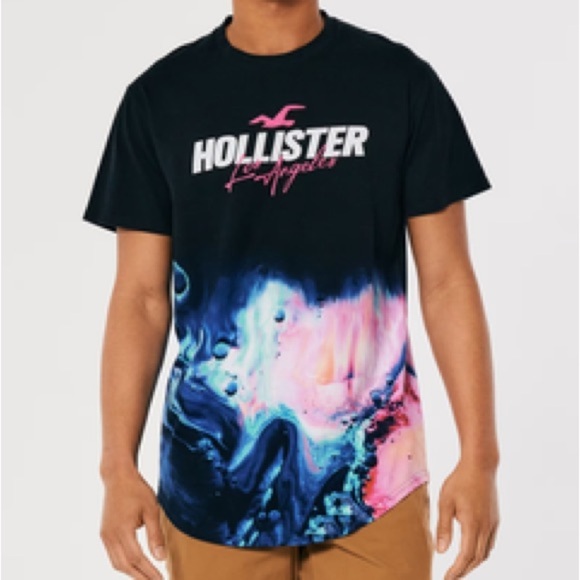 Hollister Men's Black and Blue‎ pink Graphic T-Shirt summertime medium - Picture 1 of 9